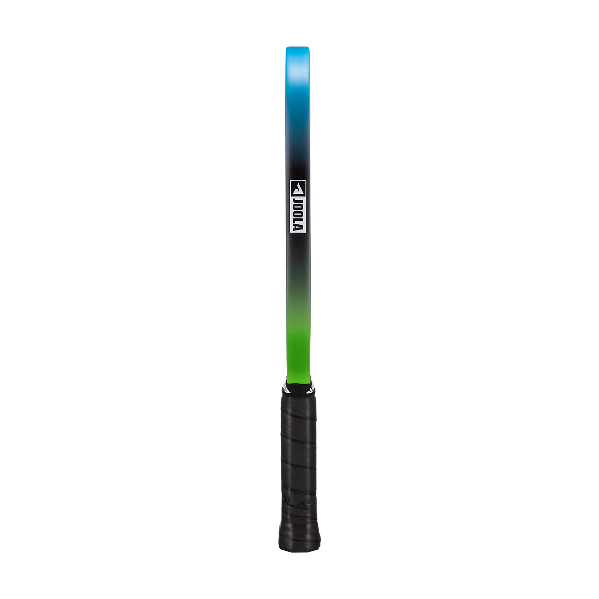 White background, side profile of a JOOLA Hyperion 3S Dual pickleball paddle. The edge guard is shown with a blue and green gradiant colorway on the edge guard and the JOOLA logo.