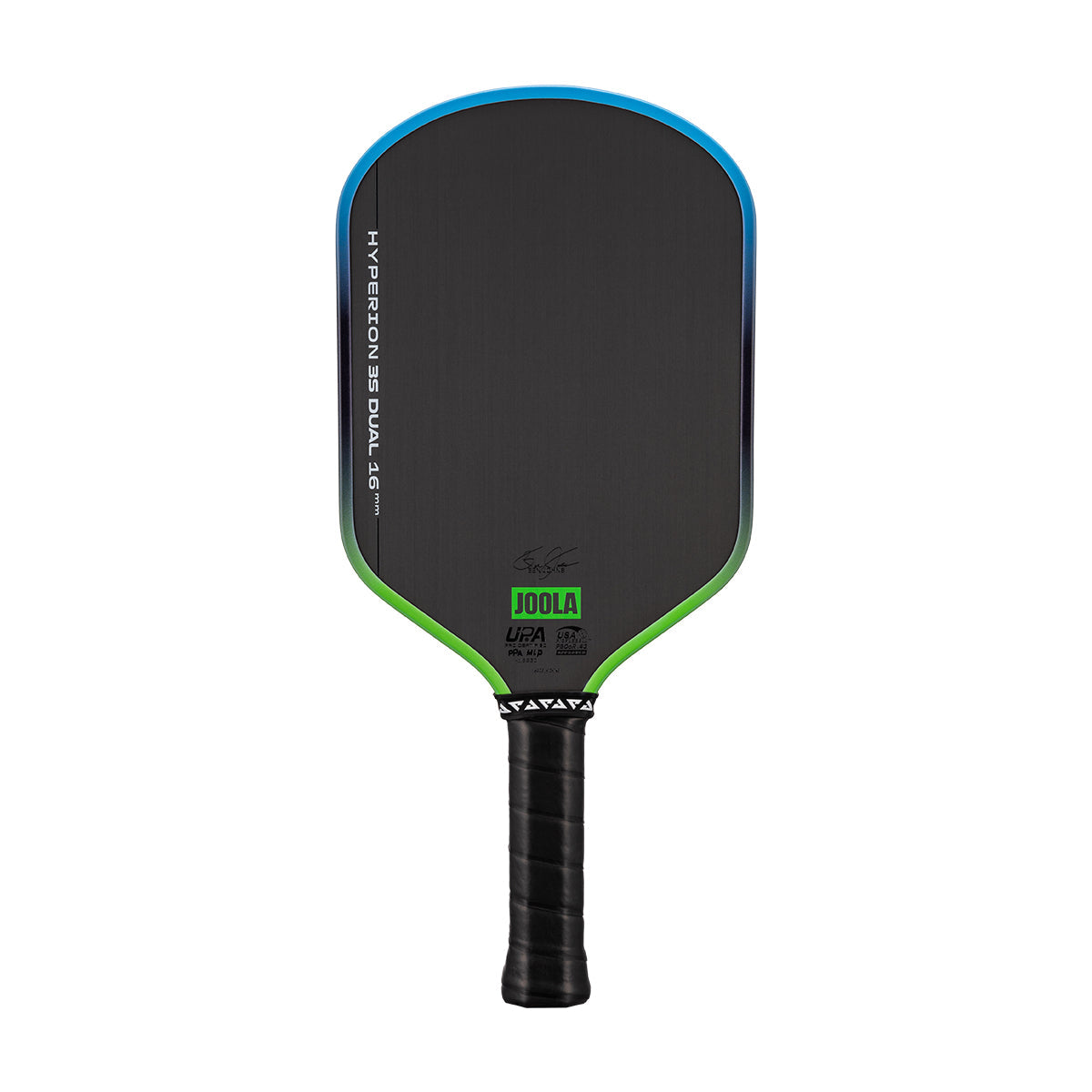 White background, image of a JOOLA Hyperion 3S Dual pickleball paddle with a green and blue dual gradiant edge guard.