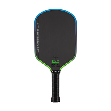 White background, image of a JOOLA Hyperion 3S Dual pickleball paddle with a green and blue dual gradiant edge guard.