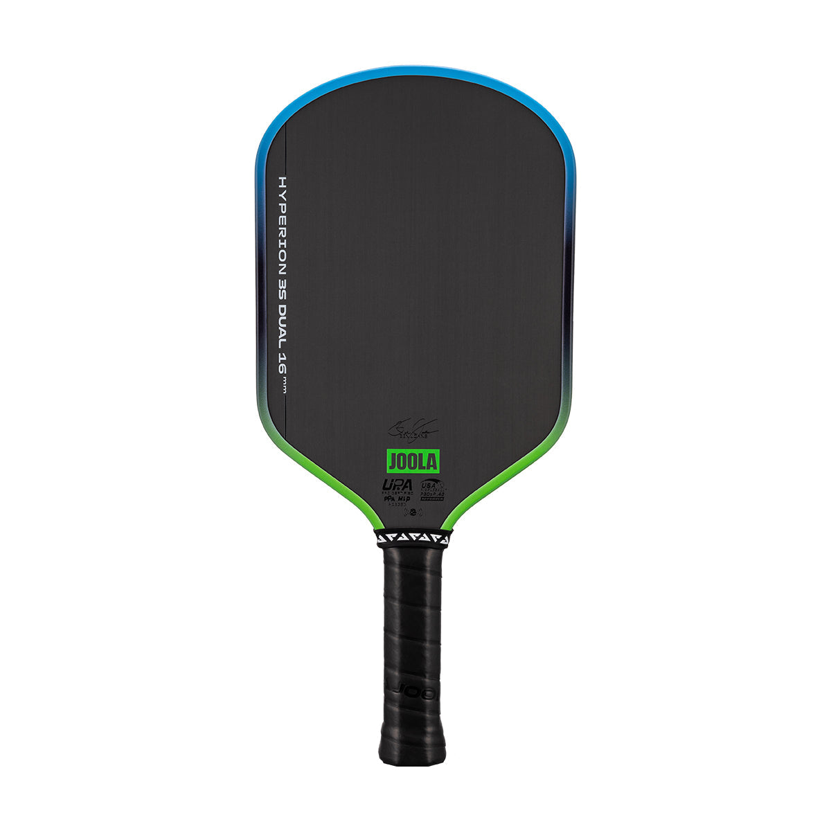 White background, image of a JOOLA Hyperion 3S Dual pickleball paddle with a green and blue dual gradiant edge guard.
