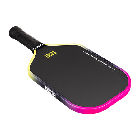 White background, Pink and Yellow gradiant edge guard on the JOOLA 3S Dual Magnus Pickleball Paddle.