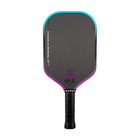 White background, image of a JOOLA Perseus 3S Dual pickleball paddle with a purple and blue dual gradiant edge guard.