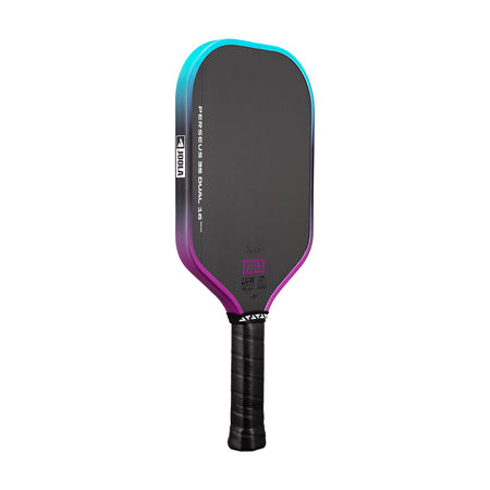 White background, image of a JOOLA Perseus 3S Dual pickleball paddle with a purple and blue dual gradiant edge guard.