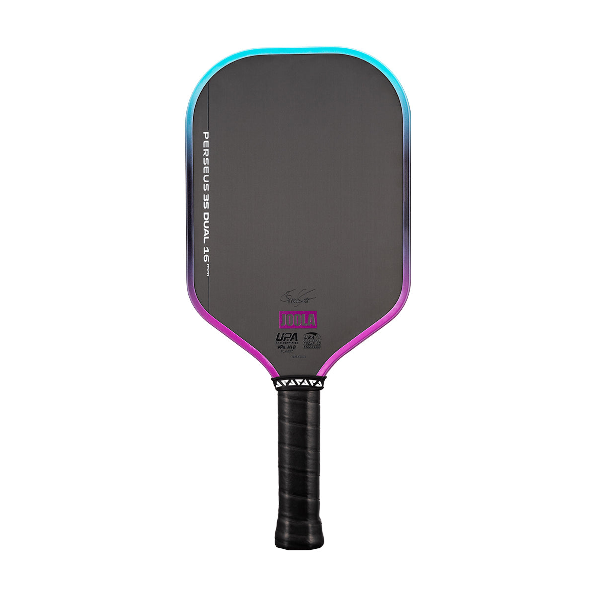 White background, image of a JOOLA Perseus 3S Dual pickleball paddle with a purple and blue dual gradiant edge guard.