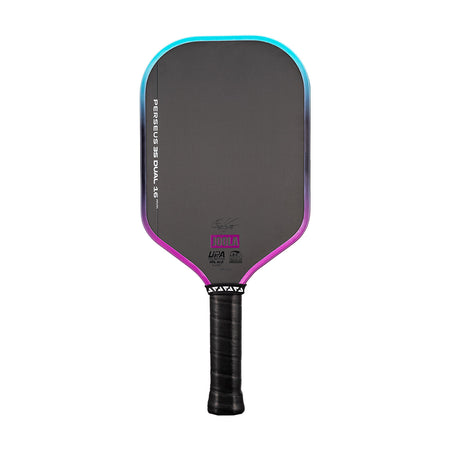 White background, image of a JOOLA Perseus 3S Dual pickleball paddle with a purple and blue dual gradiant edge guard.