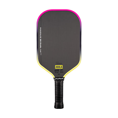 White background, Pink and Yellow gradiant edge guard on the JOOLA 3S Dual Magnus Pickleball Paddle.
