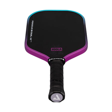 White background, image of a JOOLA Perseus 3S Dual pickleball paddle with a purple and blue dual gradiant edge guard.