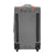 White Background Image: Charcoal colored vision suitcase. Orange zipper area, wheels.