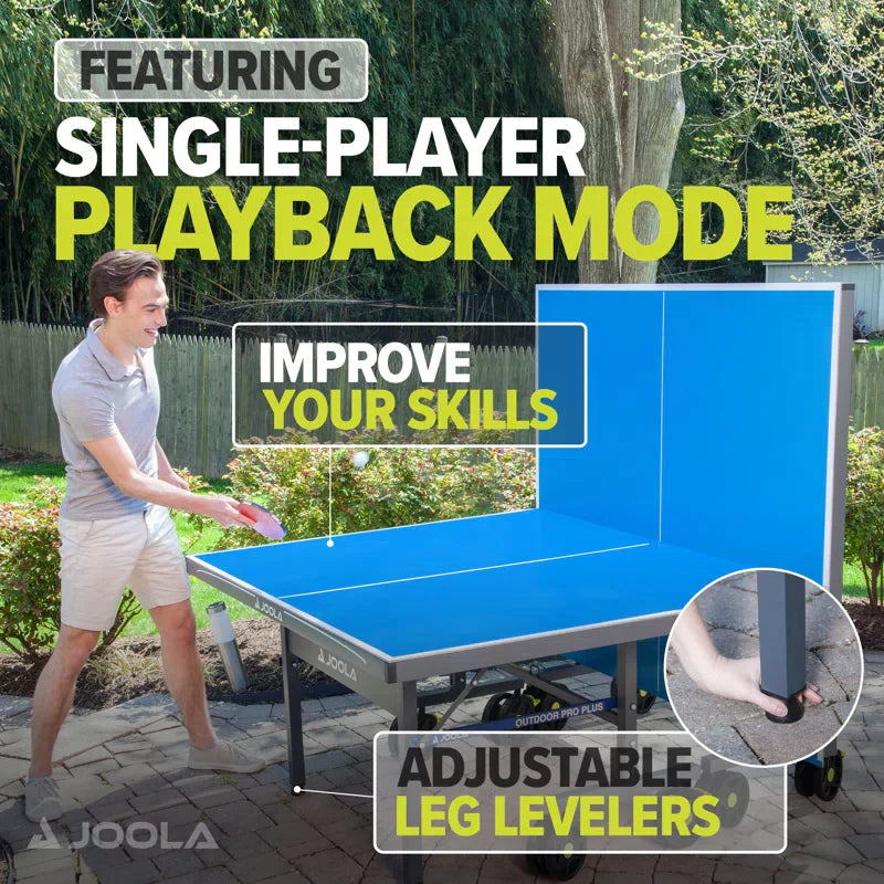 Infographic style image of a male model hitting the table tennis ball against the half folded wall of the table.