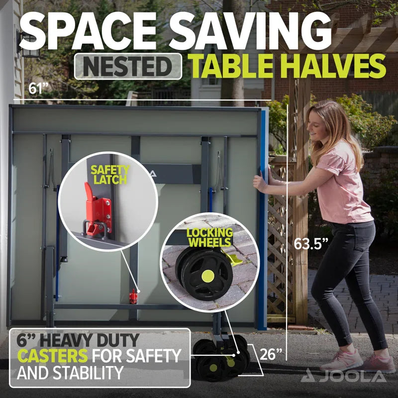 Detailed infographic showing the space saving feature of a JOOLA table tennis table.