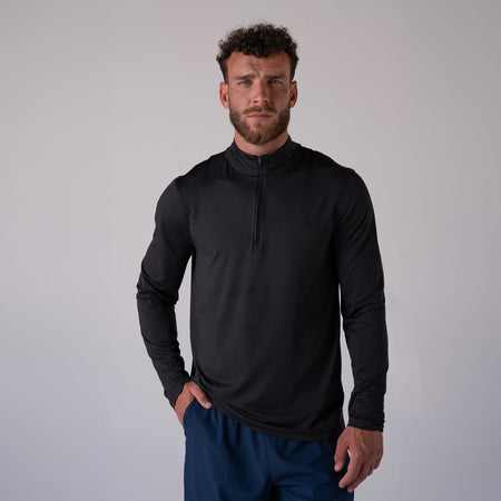 Image of a male model wearing a black JOOLA Men's Quarter Zip pullover.