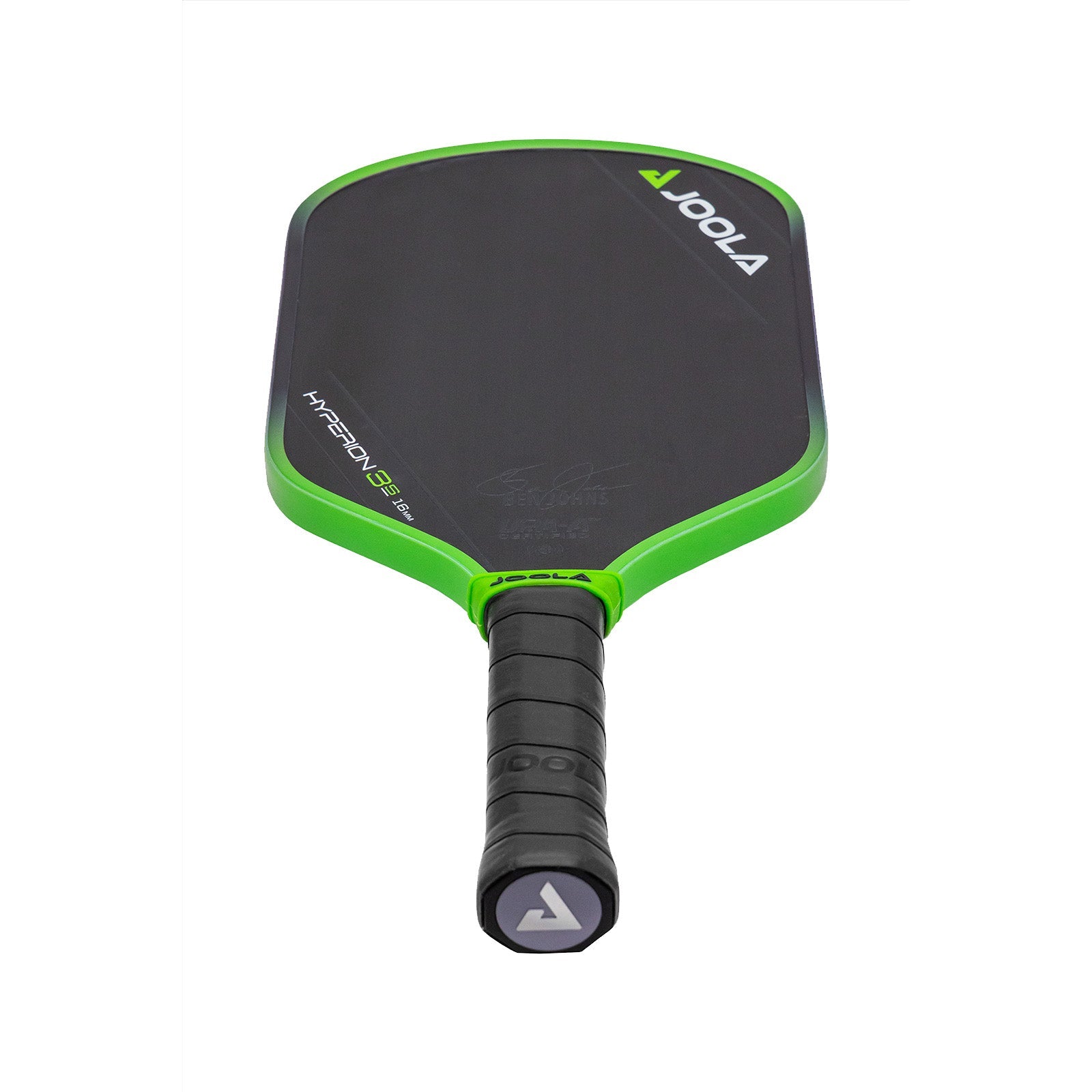 White background, product image of the JOOLA Ben Johns Hyperion 3S pickleball paddle. Black and green edge guard, black handle. Paddle laid down to show off the weighted end-cap at the paddle handle base.