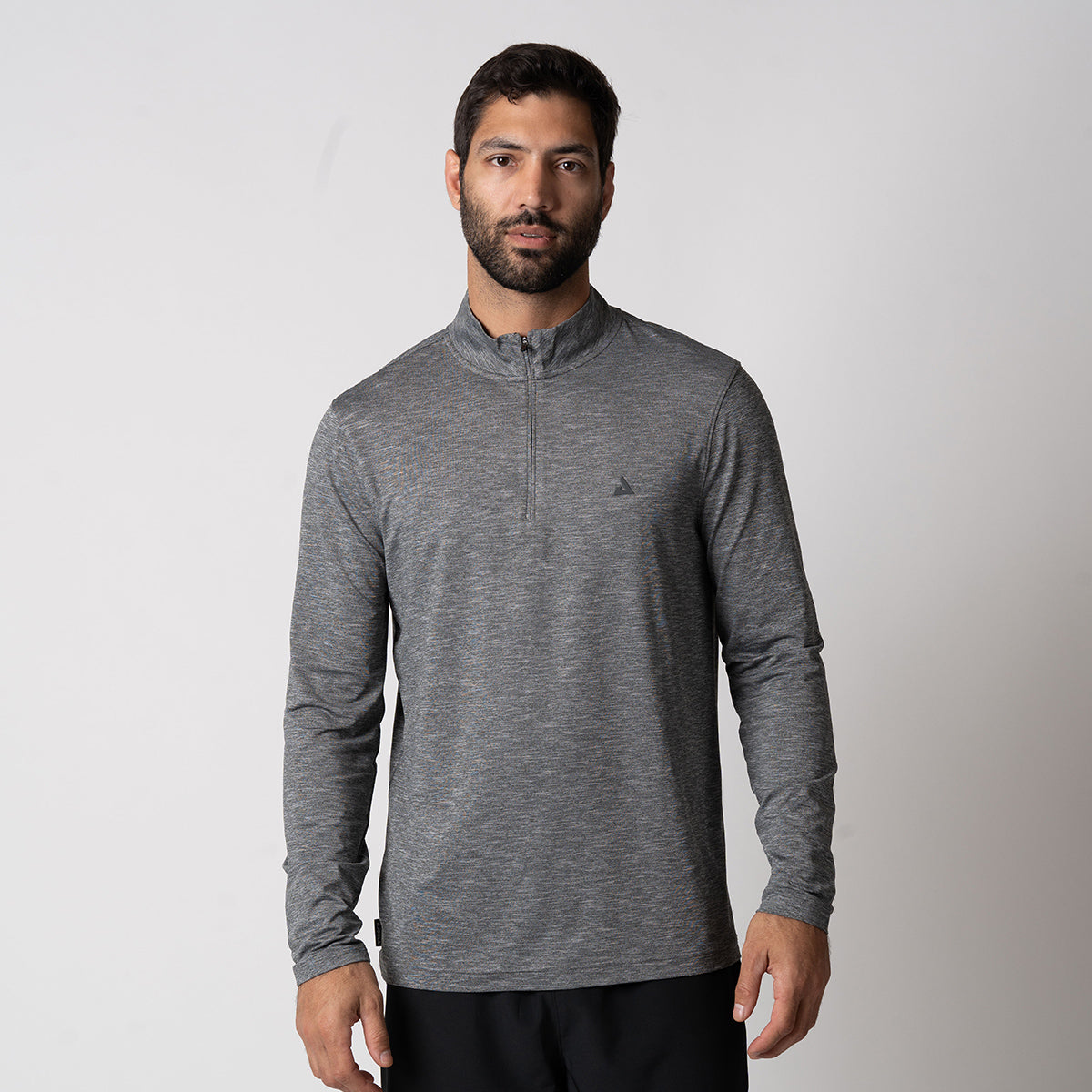 White background, image of a male model wearing the JOOLA Men's Quarter Zip Pullover, Charcoal Heather.