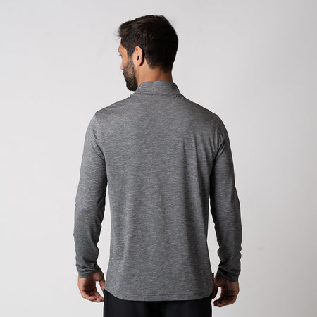 White background, image showing the back of a male model wearing the JOOLA men's quarter zip pullover, charcoal heather.