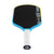 Pickleball paddle with black face, blue rim, and white handle on a white background.