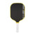 Pickleball paddle with black surface, yellow rim, and white handle on a white background