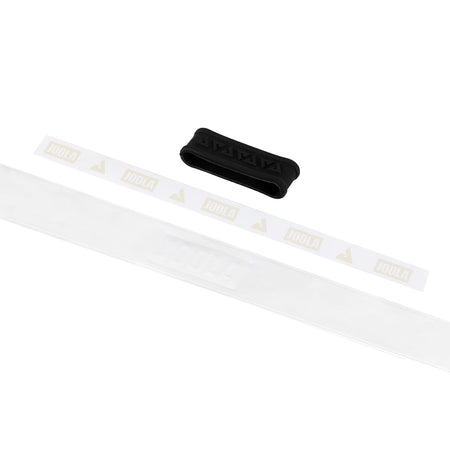 White background, image of the contents of a package of JOOLA feel-tec pure grip rolled out with a black JOOLA rubber band.