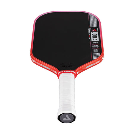 Pickleball paddle with red and black design on a white background