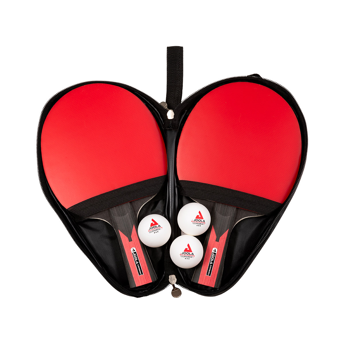 White background, open table tennis racket case with two tackets and three balls.