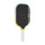 Pickleball paddle with black face, yellow sides, and white handle on a white background.