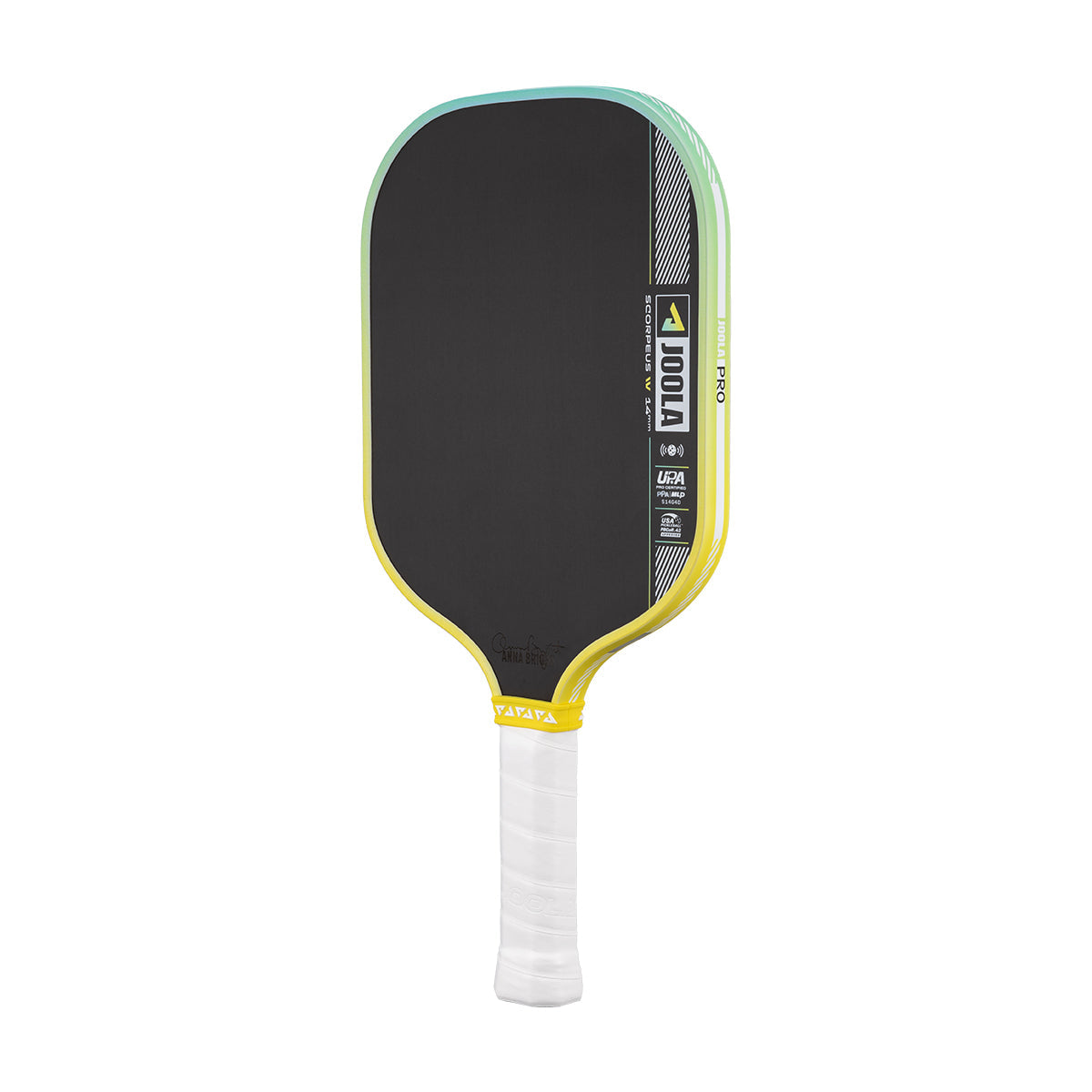 Pickleball paddle with black face, yellow sides, and white handle on a white background.
