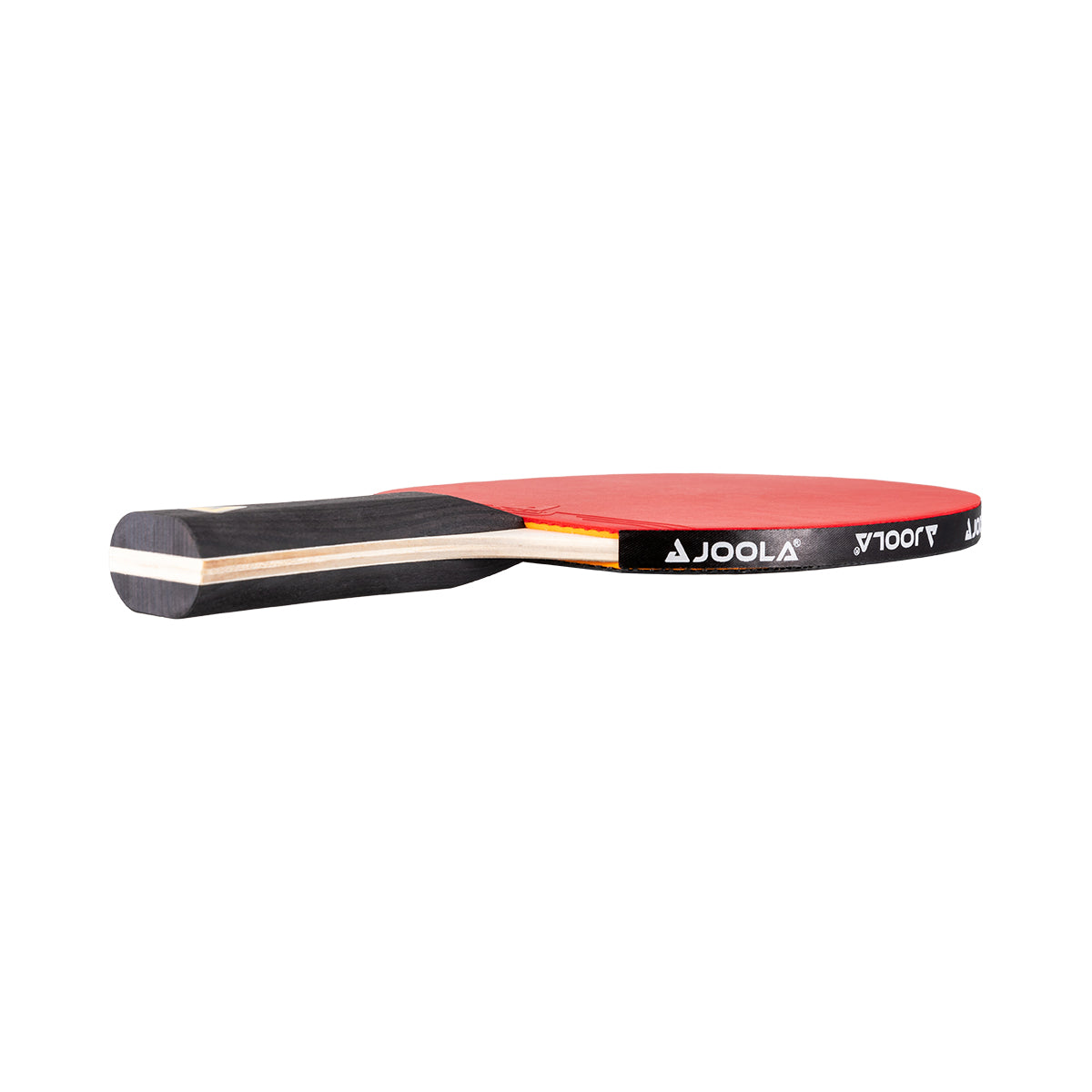 White background, image of a JOOLA table tennis racket with a red surface and black handle.