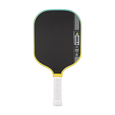 Pickleball paddle with black surface, yellow rim, and white handle on a white background.