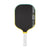 Pickleball paddle with black surface, yellow rim, and white handle on a white background.