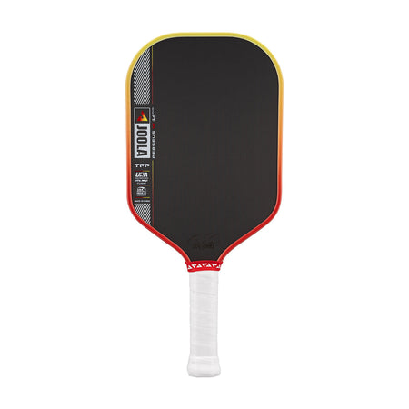 Pickleball paddle with black face, red border, and white handle on a white background