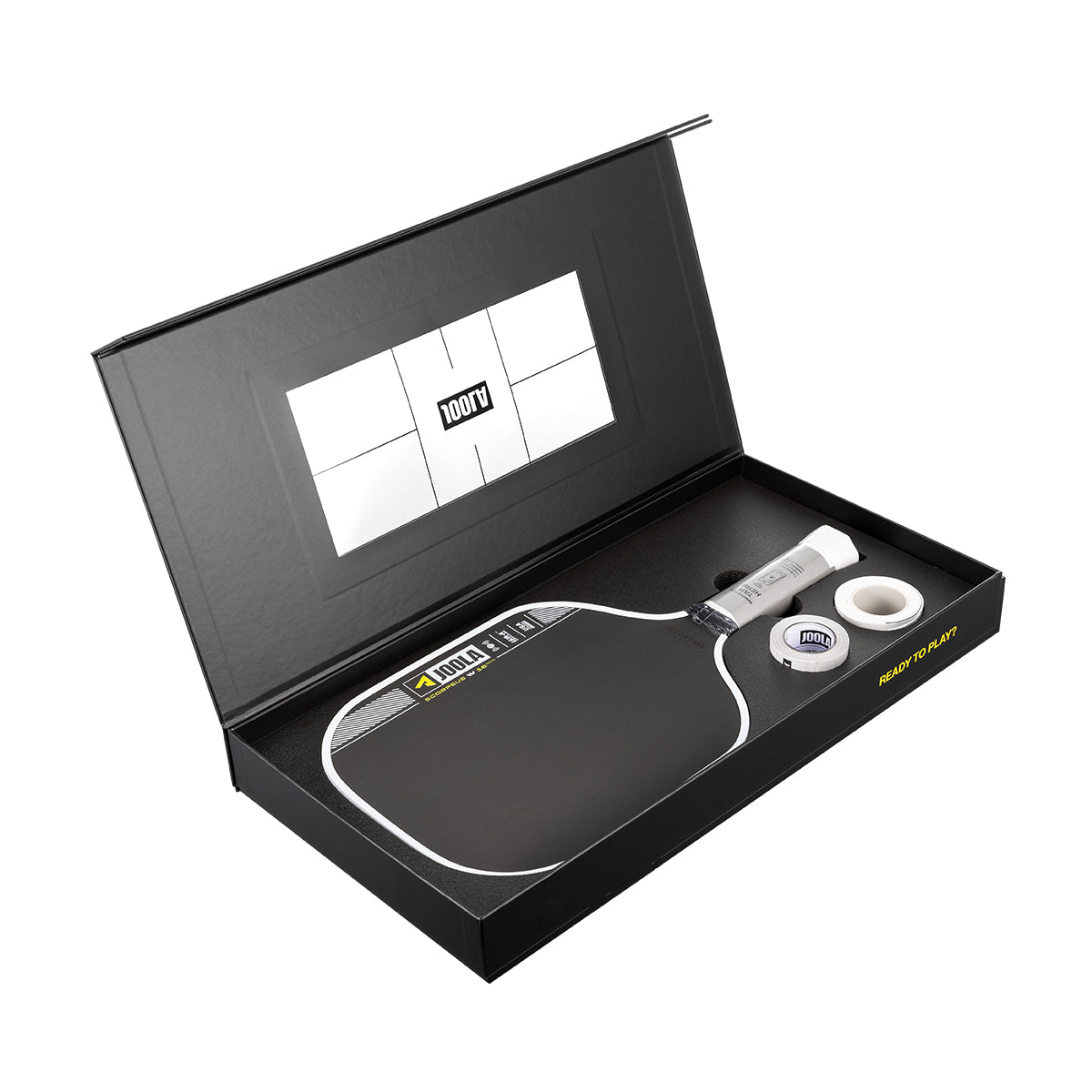 Pickleball paddle and ball set in a black box with a visible brand logo.