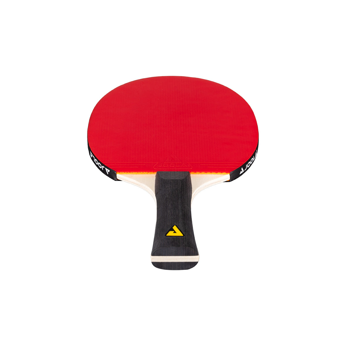 White background, image of a JOOLA table tennis racket with a red surface and a black handle that has a JOOLA Trinity logo on it.