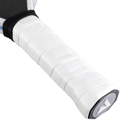 White background, close up image of the JOOLA White fel-tec pure replacement grip applied to a JOOLA pickleball paddle.