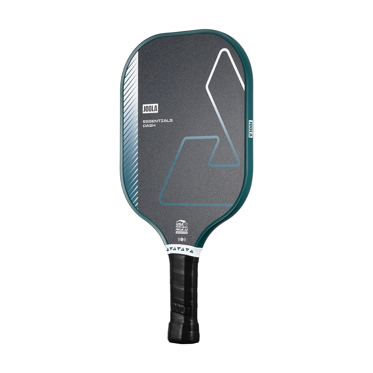 White background, product image of the JOOLA Essentials Dash pickleball paddle, black handle, club green edge guard, and black and club green surface color.