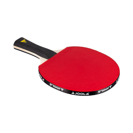 White background, product image of a JOOLA Table Tennis Racket with a red surface and black handle with JOOLA Yellow Trinity logo.
