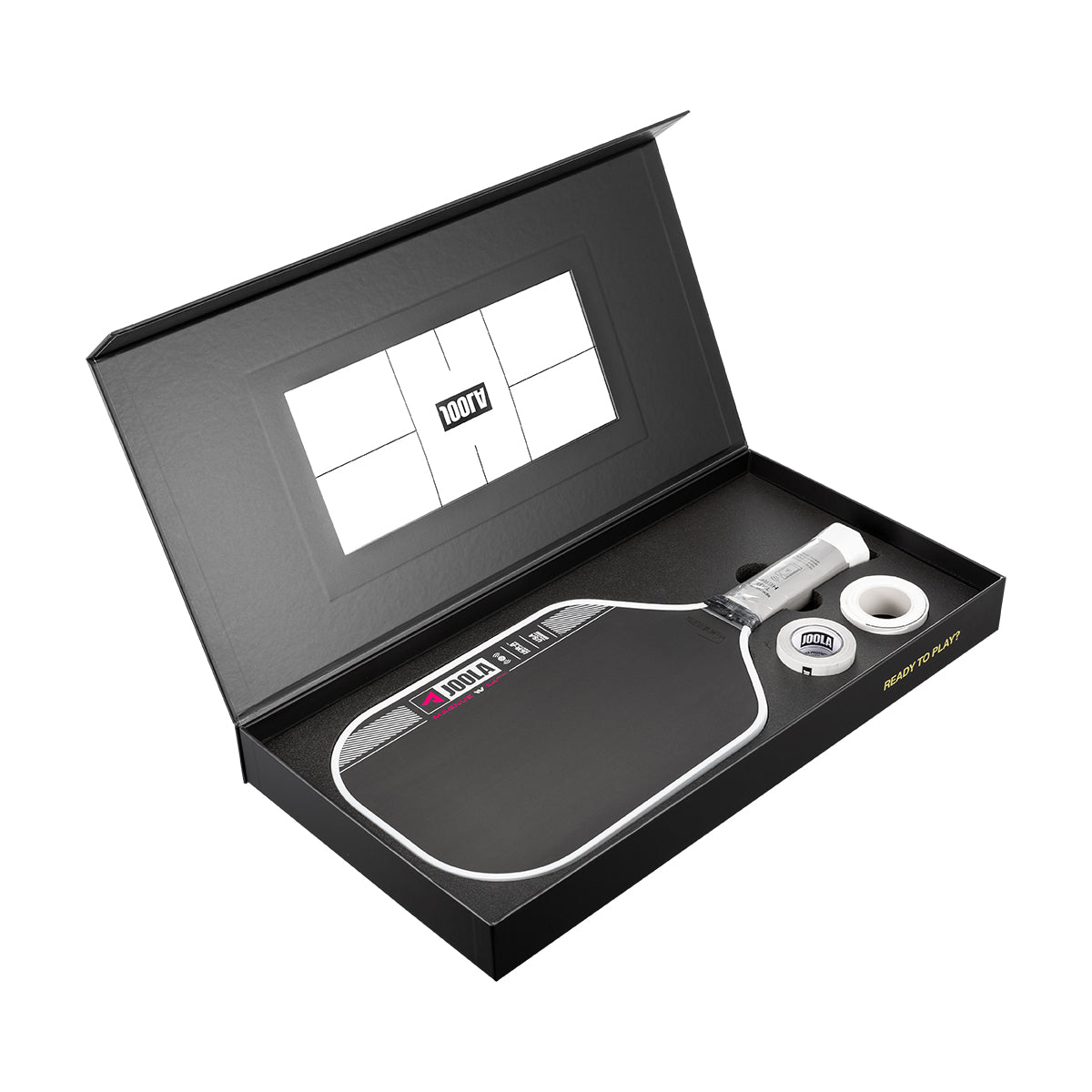 Pickleball paddle and ball set in a black box with a visible brand logo.