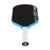 Pickleball paddle with black surface, blue frame, and white handle on a white background.