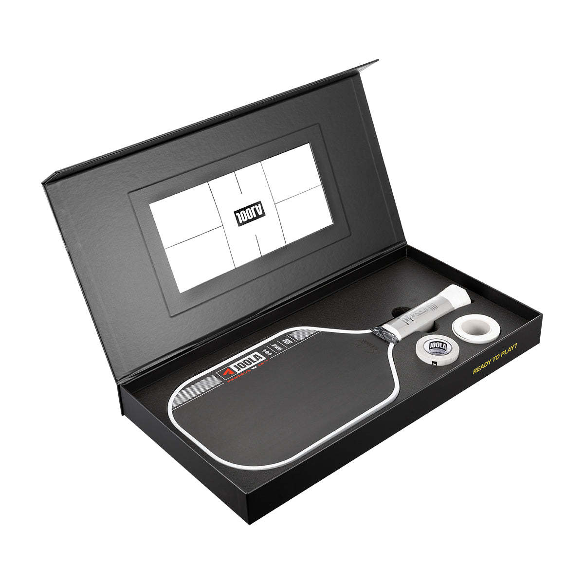 Pickleball paddle and ball set in a black box with a visible brand logo.