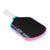 Pickleball paddle with black surface, blue rim, and pink frame on a white background.