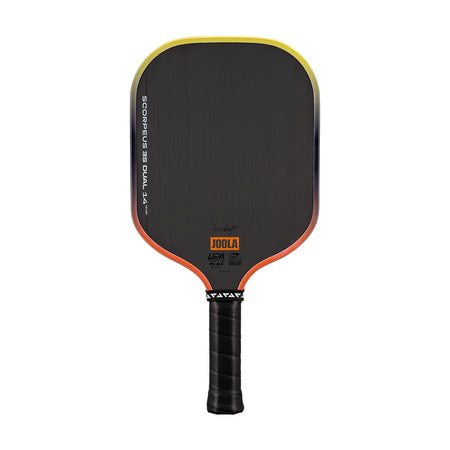White background, Orange and Yellow gradiant edge guard on the JOOLA 3S Dual Scorpeus Pickleball Paddle.