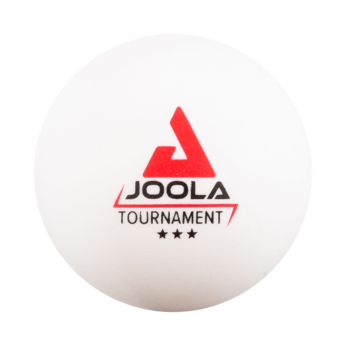 White background, close up of a JOOLA Tournament table tennis ball.