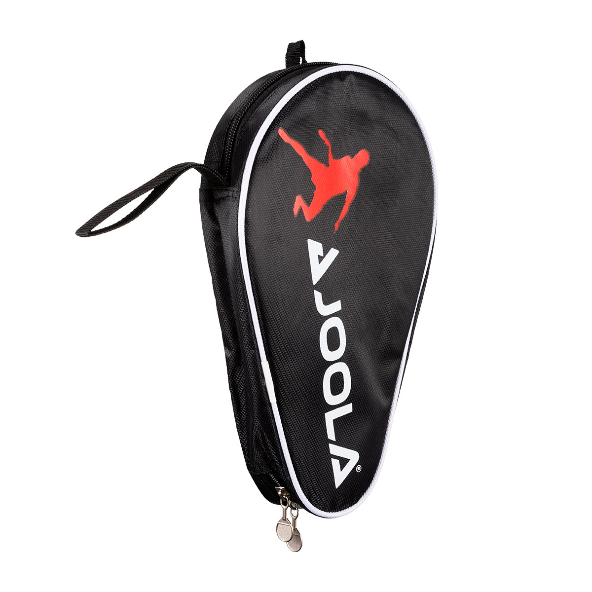 White background, JOOLA Table tennis racket case, black, white and red.