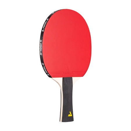 White background, image of a JOOLA Table Tennis Racket with a red surface and back handle with a yellow JOOLA Trinity logo at the base of the handle.