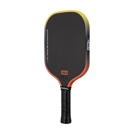 White background, Orange and Yellow gradiant edge guard on the JOOLA 3S Dual Scorpeus Pickleball Paddle.