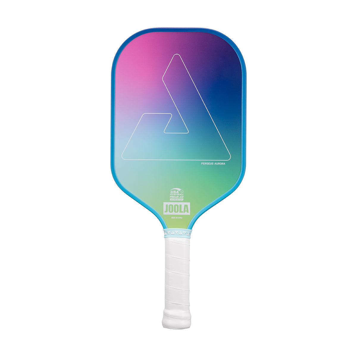 White background, image of a JOOLA Aurora Pickleball paddle. White handle and colorful paddle face.
