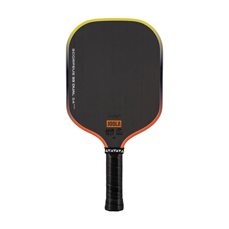 White background, Orange and Yellow gradiant edge guard on the JOOLA 3S Dual Scorpeus Pickleball Paddle.
