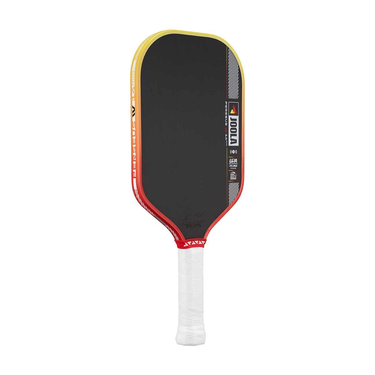 Pickleball paddle with black surface, red and yellow edges, and white handle on a white background