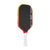 Pickleball paddle with black surface, red and yellow edges, and white handle on a white background