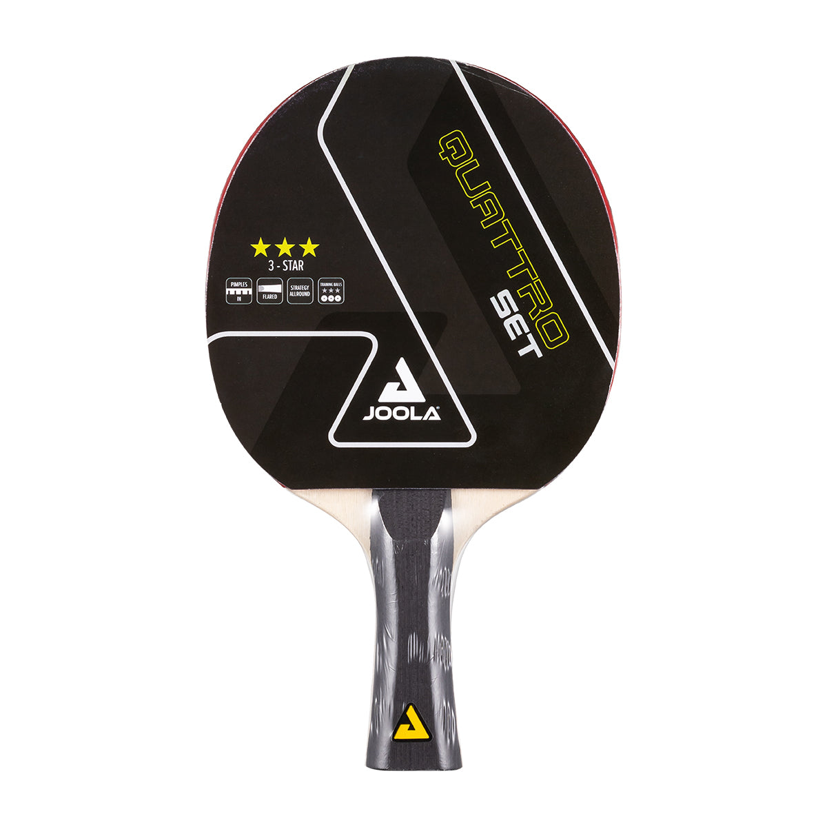 JOOLA Quattro Set table tennis paddle with black and yellow design on a white background.