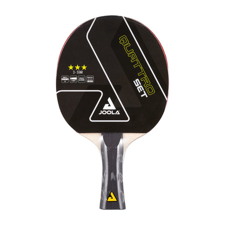 JOOLA Quattro Set table tennis paddle with black and yellow design on a white background.