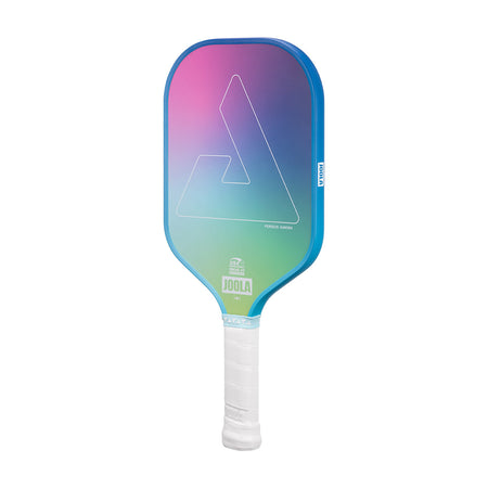 White background, image of a JOOLA Aurora Pickleball paddle. White handle and colorful paddle face.